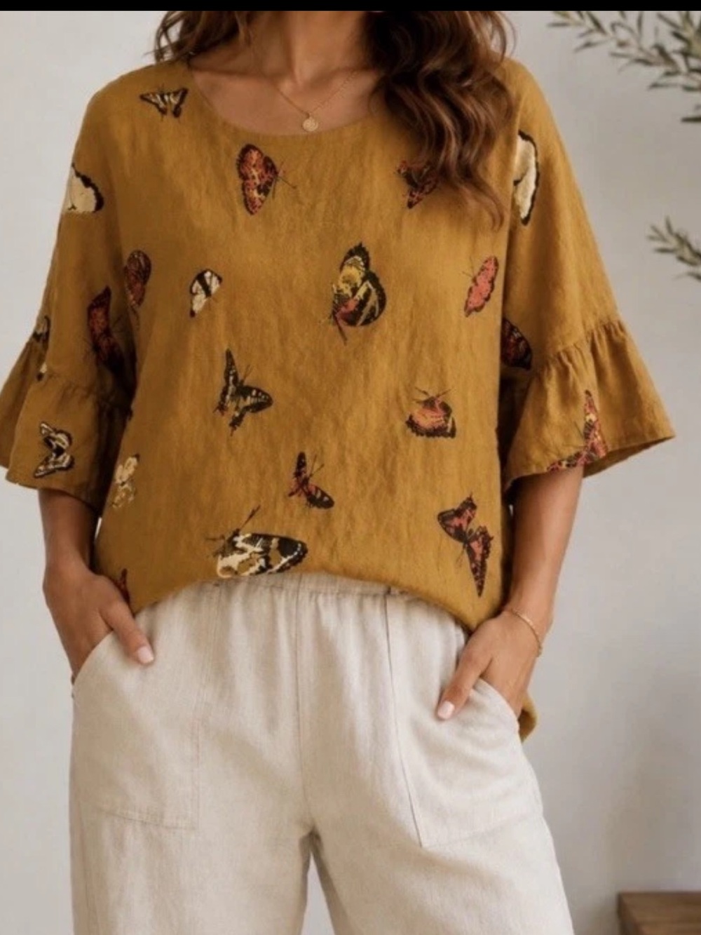 Viola Borghi Italian Linen Butterfly Print Flutter Sleeve Top M
